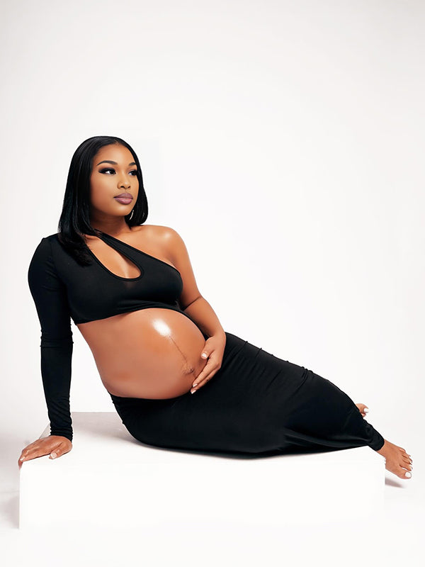 Momnfancy Irregular Sleeve Oblique Shoulder Cut-out Photoshoot Maternity Maxi Dress