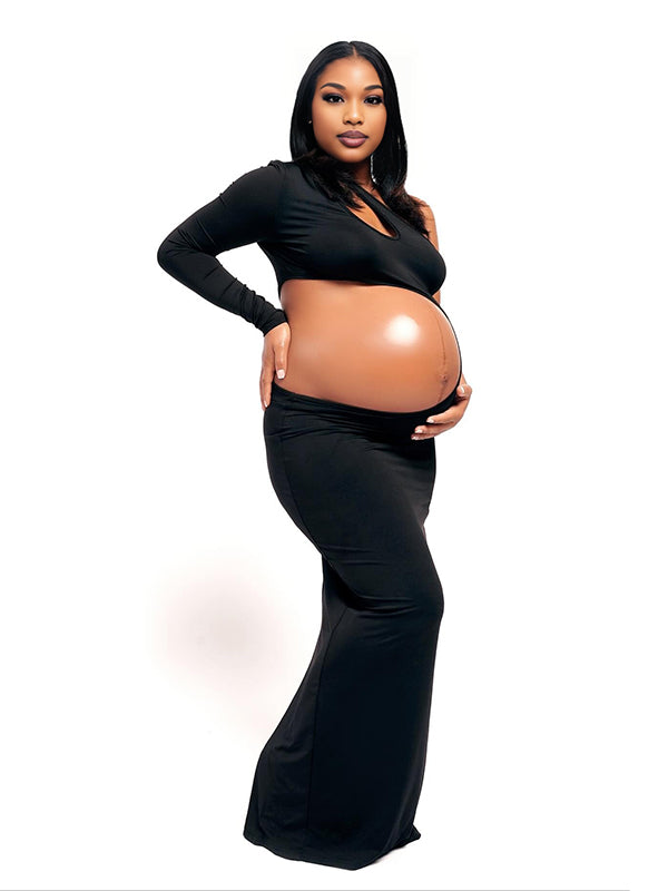 Momnfancy Irregular Sleeve Oblique Shoulder Cut-out Photoshoot Maternity Maxi Dress