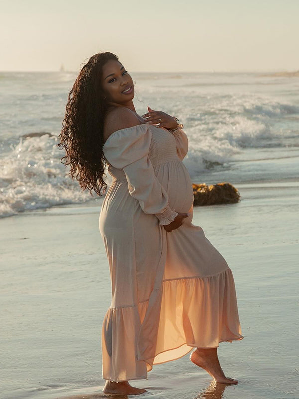 Momnfancy Square Neck Falbala Waist-cinching Tightness Photoshoot Maternity Maxi Dress