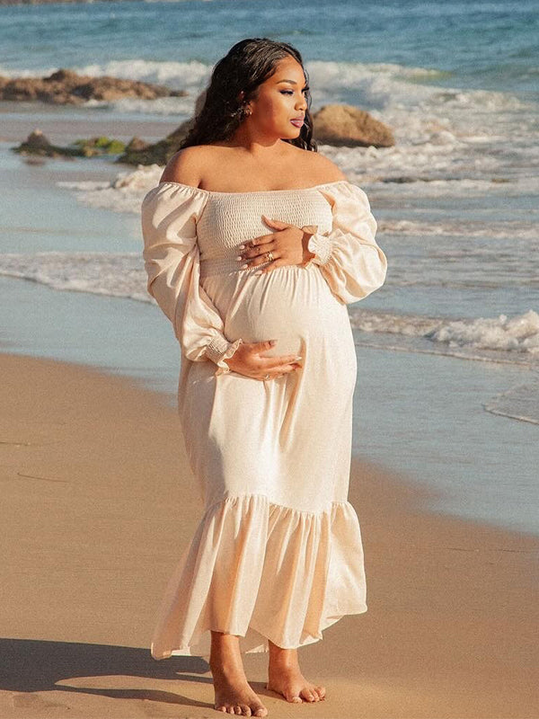 Momnfancy Square Neck Falbala Waist-cinching Tightness Photoshoot Maternity Maxi Dress