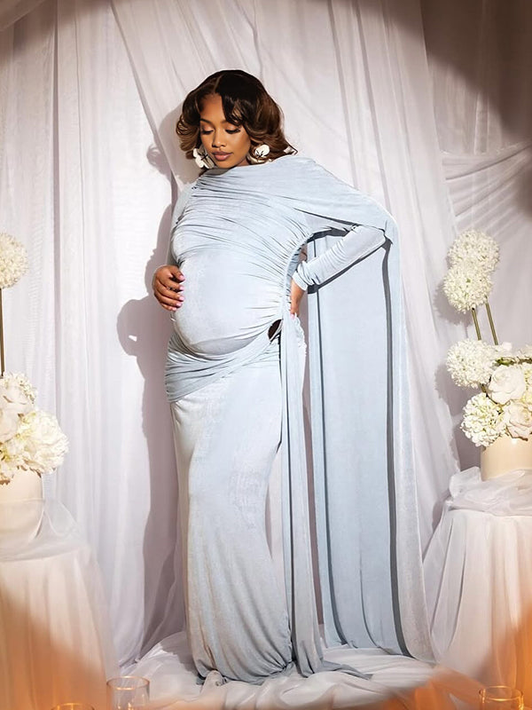 Momnfancy Irregular Ruched Ribbon Waist-cinching Evening Gowns Photoshoot Maternity Mini Dress