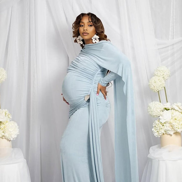 Momnfancy Irregular Ruched Ribbon Waist-cinching Evening Gowns Photoshoot Maternity Mini Dress