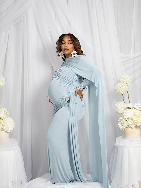 Momnfancy Irregular Ruched Ribbon Waist-cinching Evening Gowns Photoshoot Maternity Mini Dress