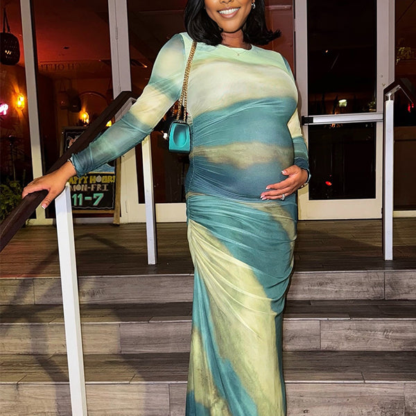 Momnfancy Gradient Color Waist-cinching Ruched Mermaid Photoshoot Maternity Maxi Dress