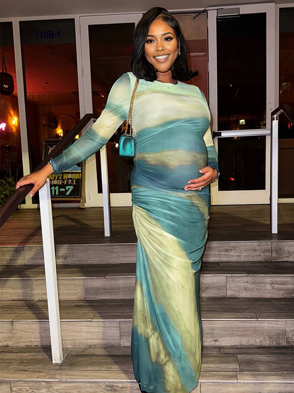 Momnfancy Gradient Color Waist-cinching Ruched Mermaid Photoshoot Maternity Maxi Dress