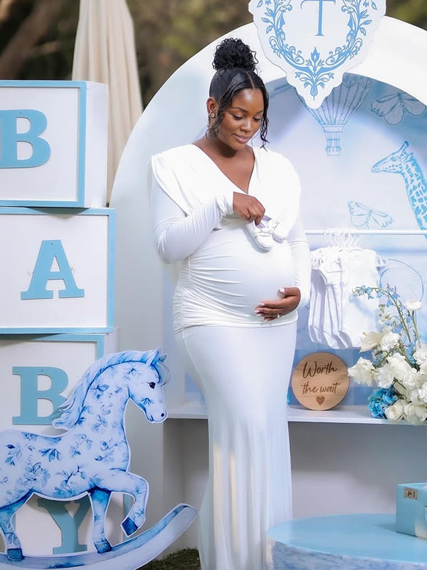 Momnfancy White Ruched Backless Cowl V-Neck Long Sleeve Bodycon Evening Gowns Baby Shower Maternity Maxi Dress