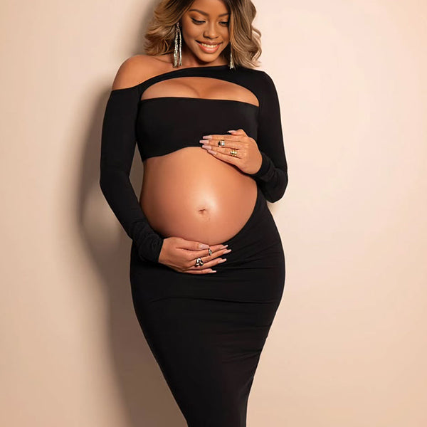 Momnfancy Black One Shoulder Cut Out Crop Bodycon Long Sleeve Evening Gowns Photoshoot Maternity Maxi Dress