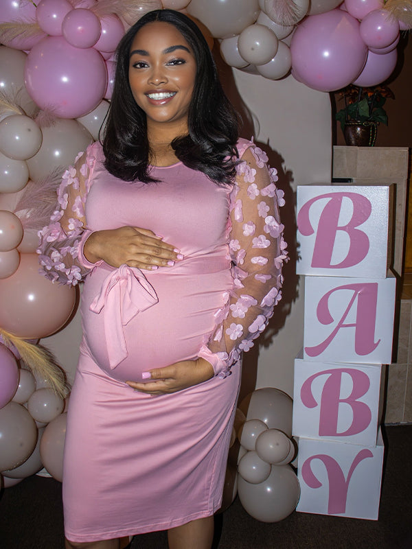 Momnfancy Pink Sheer Cute Sashes Bowknot Long Mesh Sleeve Bodycon Plus Size Baby Shower Maternity Midi Dress