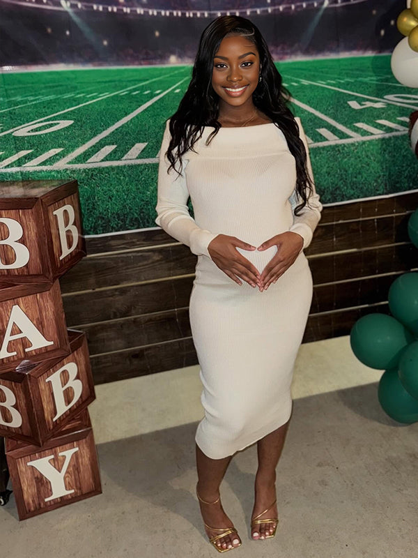 Momnfancy White Knitting Off Shoulder Backless Bodycon Long Sleeve Baby Shower Maternity Sweater Dress