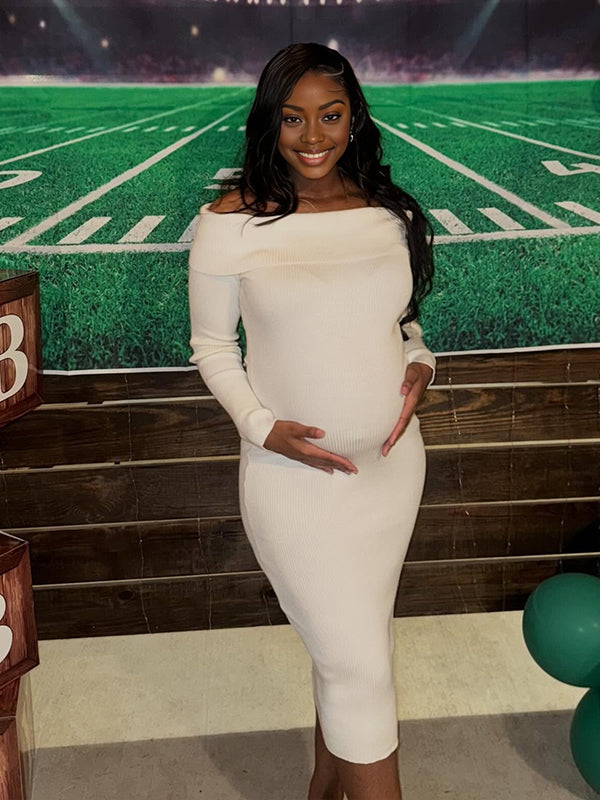 Momnfancy White Knitting Off Shoulder Backless Bodycon Long Sleeve Baby Shower Maternity Sweater Dress