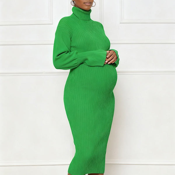 Momnfancy Belt Waist-cinching Knitted High Neck Everyday Maternity Midi Dress