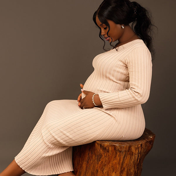 Momnfancy Knitted Bodycon Open Back Casual Photoshoot Maternity Midi Dress