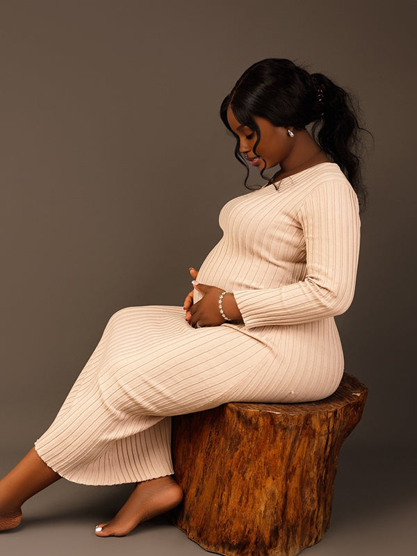Momnfancy Knitted Bodycon Open Back Casual Photoshoot Maternity Midi Dress
