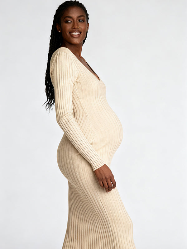 Momnfancy Knitted Bodycon Open Back Casual Photoshoot Maternity Midi Dress