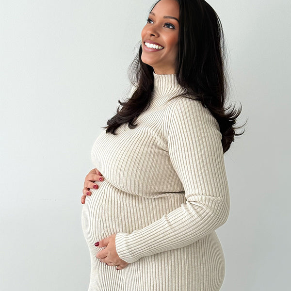 Momnfancy High Neck Bodycon Knitted Casual Photoshoot Maternity Midi Dress