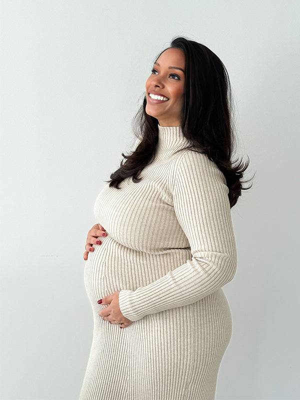 Momnfancy High Neck Bodycon Knitted Casual Photoshoot Maternity Midi Dress