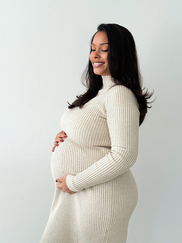 Momnfancy High Neck Bodycon Knitted Casual Photoshoot Maternity Midi Dress