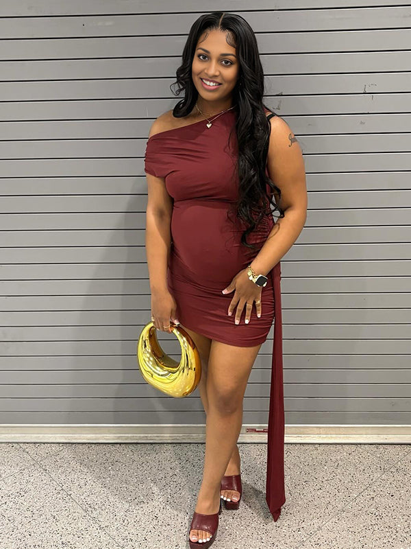 Momnfancy Dark Red One Shoulder Ruched Draped Maternity Mini Dress