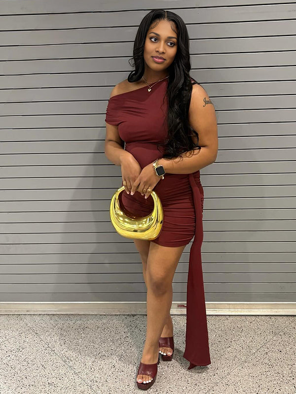 Momnfancy Dark Red One Shoulder Ruched Draped Maternity Mini Dress