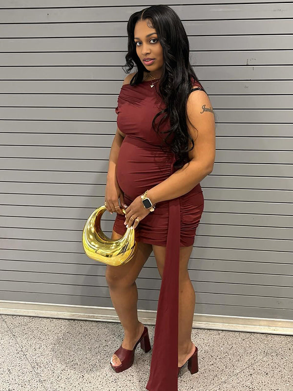 Momnfancy Dark Red One Shoulder Ruched Draped Maternity Mini Dress