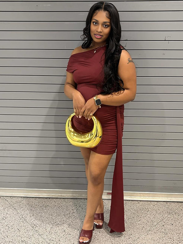 Momnfancy Dark Red One Shoulder Ruched Draped Maternity Mini Dress