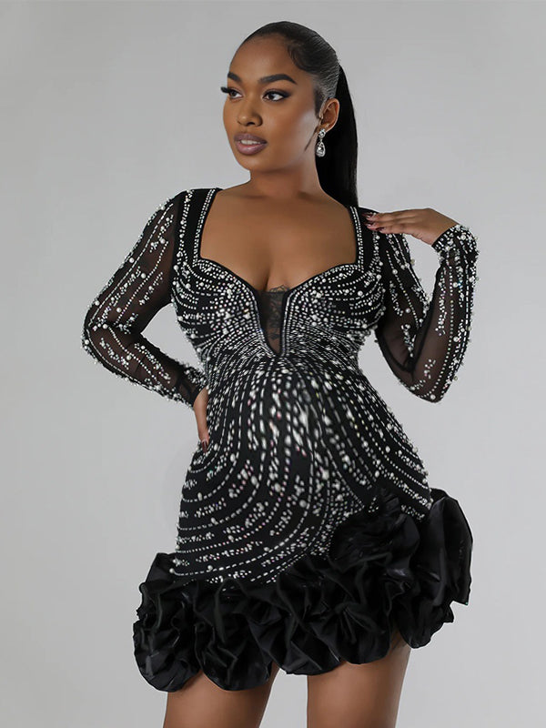Momnfancy Hotfix Rhinestones Fluffy Maternity Mini Dresses