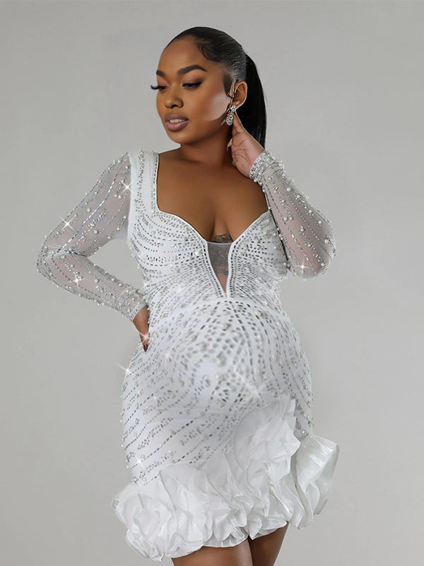 Momnfancy Hotfix Rhinestones Fluffy Maternity Mini Dresses