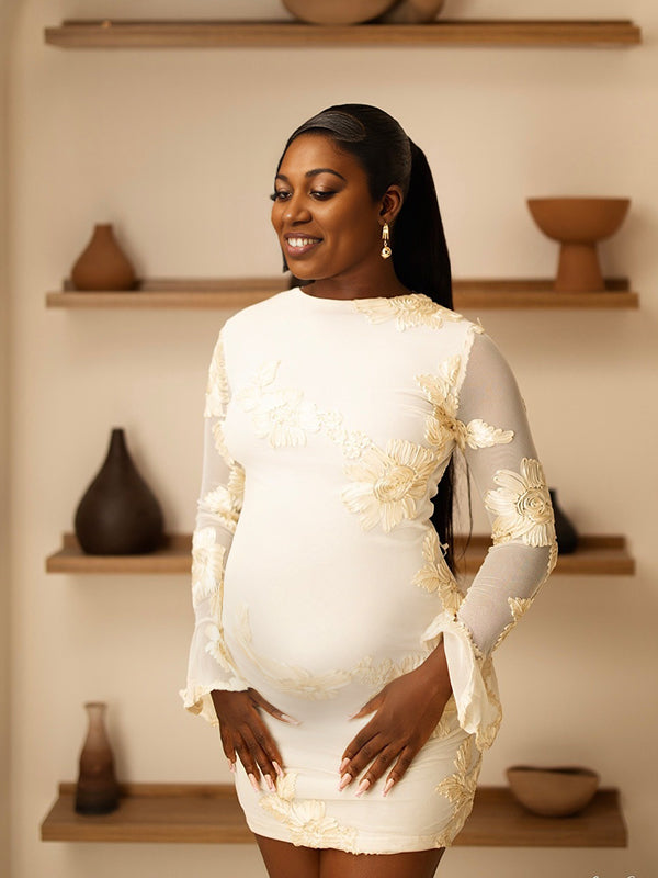 Momnfancy Flare Sleeve Bodycon Embroidery Maternity Mini Dresses
