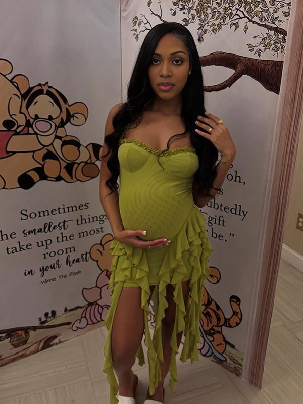 Momnfancy Spaghetti Strap Falbala Bodycon Maternity Mini Dresses