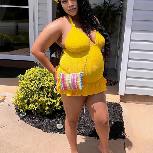 Momnfancy Yellow Halter Neck Backless Ruffle Cute Maternity Mini Dress