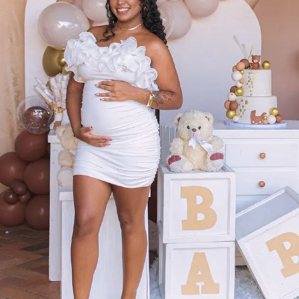 Momnfancy White Ruffle Tulle Splicing Bodycon Bandeau Party Maternity Mini Dress