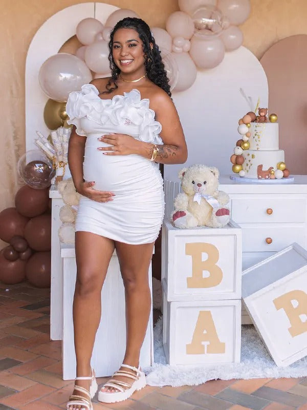 Momnfancy White Ruffle Tulle Splicing Bodycon Bandeau Party Maternity Mini Dress