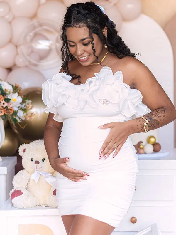 Momnfancy White Ruffle Tulle Splicing Bodycon Bandeau Party Maternity Mini Dress