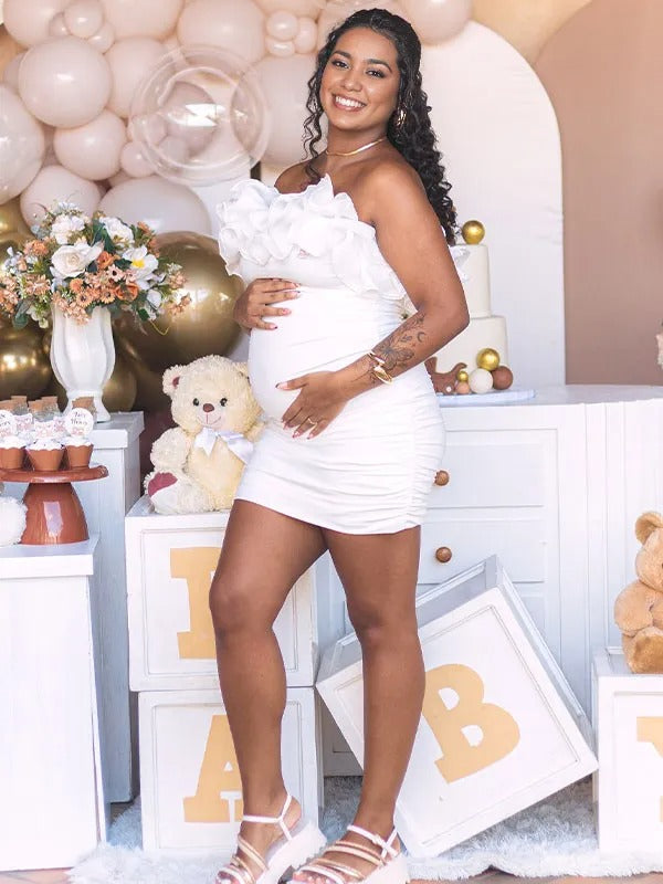 Momnfancy White Ruffle Tulle Splicing Bodycon Bandeau Party Maternity Mini Dress