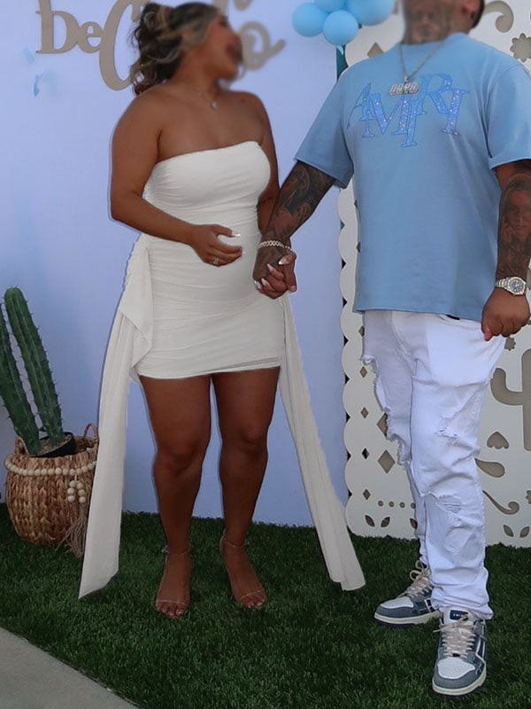 Momnfancy Mesh Ruffle Solid Color Bandeau Side Draped Bodycon Party Maternity Mini Dress