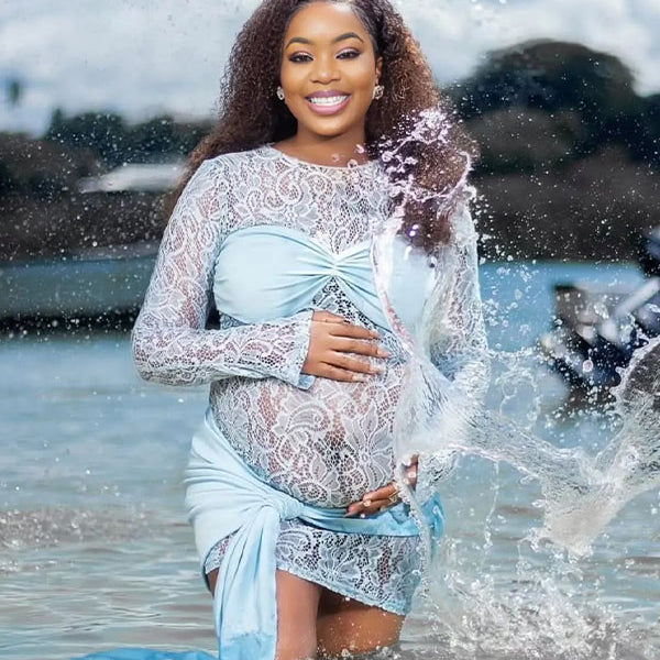 Momnfancy Blue Lace Draped Sheer Ruched Bodycon Photoshoot Maternity Mini Dress