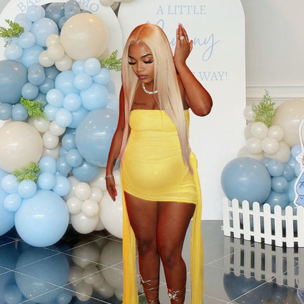 Momnfancy Tube Top Trailing Bodycon Ruched Maternity Mini Dress