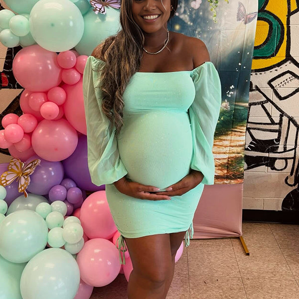 Momnfancy Off Shoulder Drawstring Bright Wire Lantern Sleeve Party Baby Shower Plus Size Bodycon Maternity Mini Dress