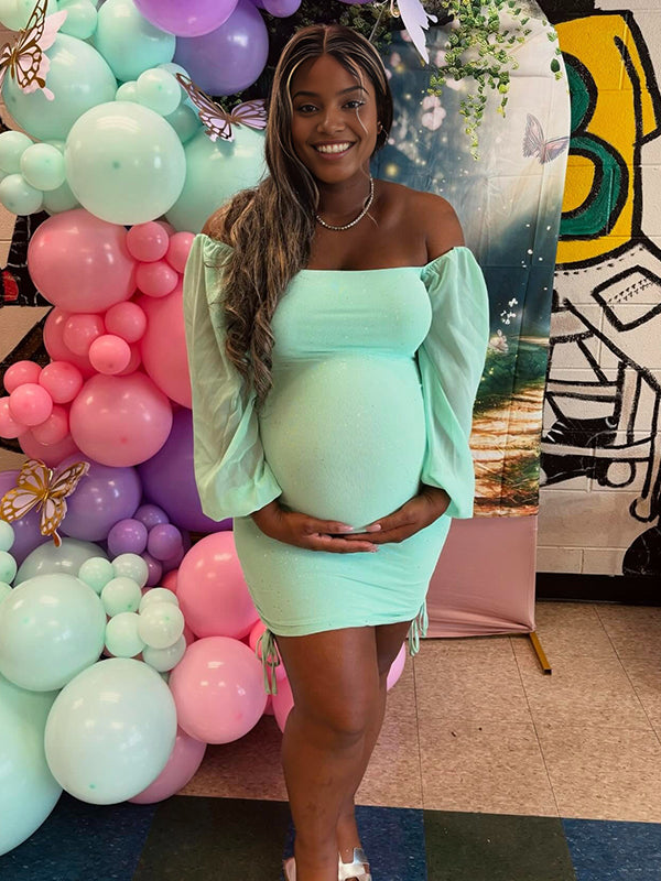 Momnfancy Off Shoulder Drawstring Bright Wire Lantern Sleeve Party Baby Shower Plus Size Bodycon Maternity Mini Dress