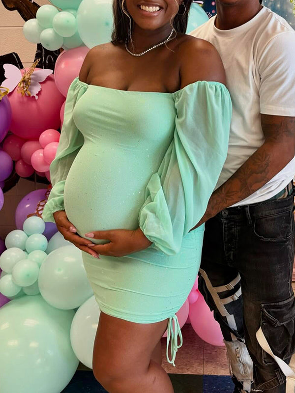 Momnfancy Off Shoulder Drawstring Bright Wire Lantern Sleeve Party Baby Shower Plus Size Bodycon Maternity Mini Dress