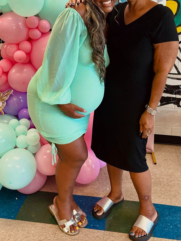 Momnfancy Off Shoulder Drawstring Bright Wire Lantern Sleeve Party Baby Shower Plus Size Bodycon Maternity Mini Dress