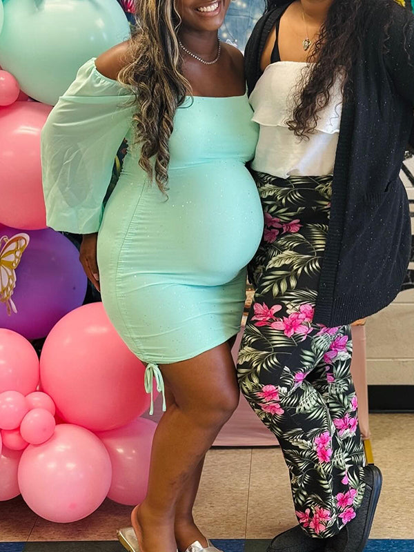 Momnfancy Off Shoulder Drawstring Bright Wire Lantern Sleeve Party Baby Shower Plus Size Bodycon Maternity Mini Dress