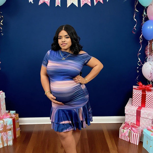 Momnfancy Print Oblique Shoulder Mermaid Bodycon Maternity Mini Dress