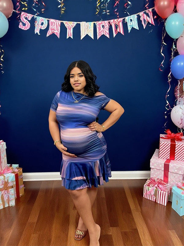 Momnfancy Print Oblique Shoulder Mermaid Bodycon Maternity Mini Dress