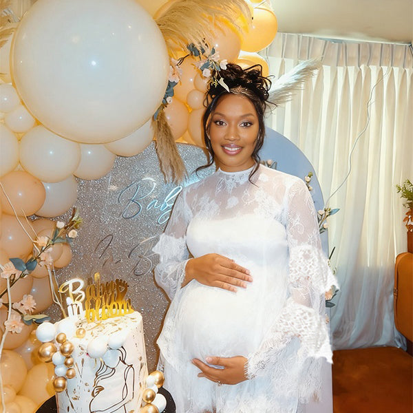 Momnfancy Lace Sheer Beach Smock Print Baby Shower Maternity Maxi Dress