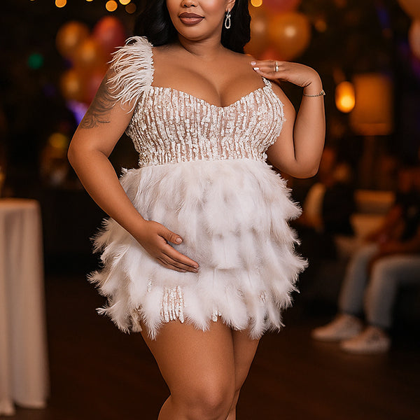 Momnfancy White Feather Pearl Sequin Backless Bodycon Party Cocktail Maternity Mini Dress