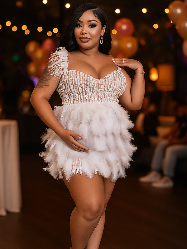 Momnfancy White Feather Pearl Sequin Backless Bodycon Party Cocktail Maternity Mini Dress