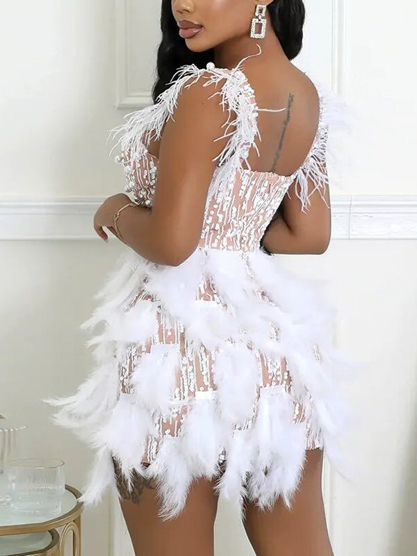 Momnfancy White Feather Pearl Sequin Backless Bodycon Party Cocktail Maternity Mini Dress