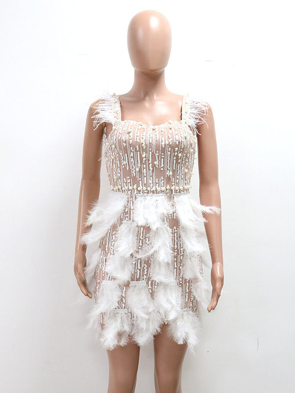 Momnfancy White Feather Pearl Sequin Backless Bodycon Party Cocktail Maternity Mini Dress