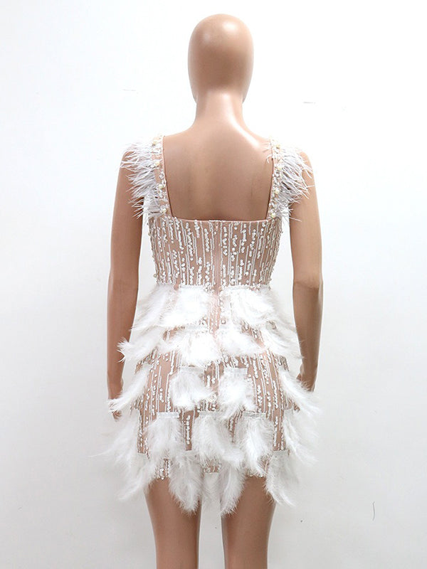 Momnfancy White Feather Pearl Sequin Backless Bodycon Party Cocktail Maternity Mini Dress